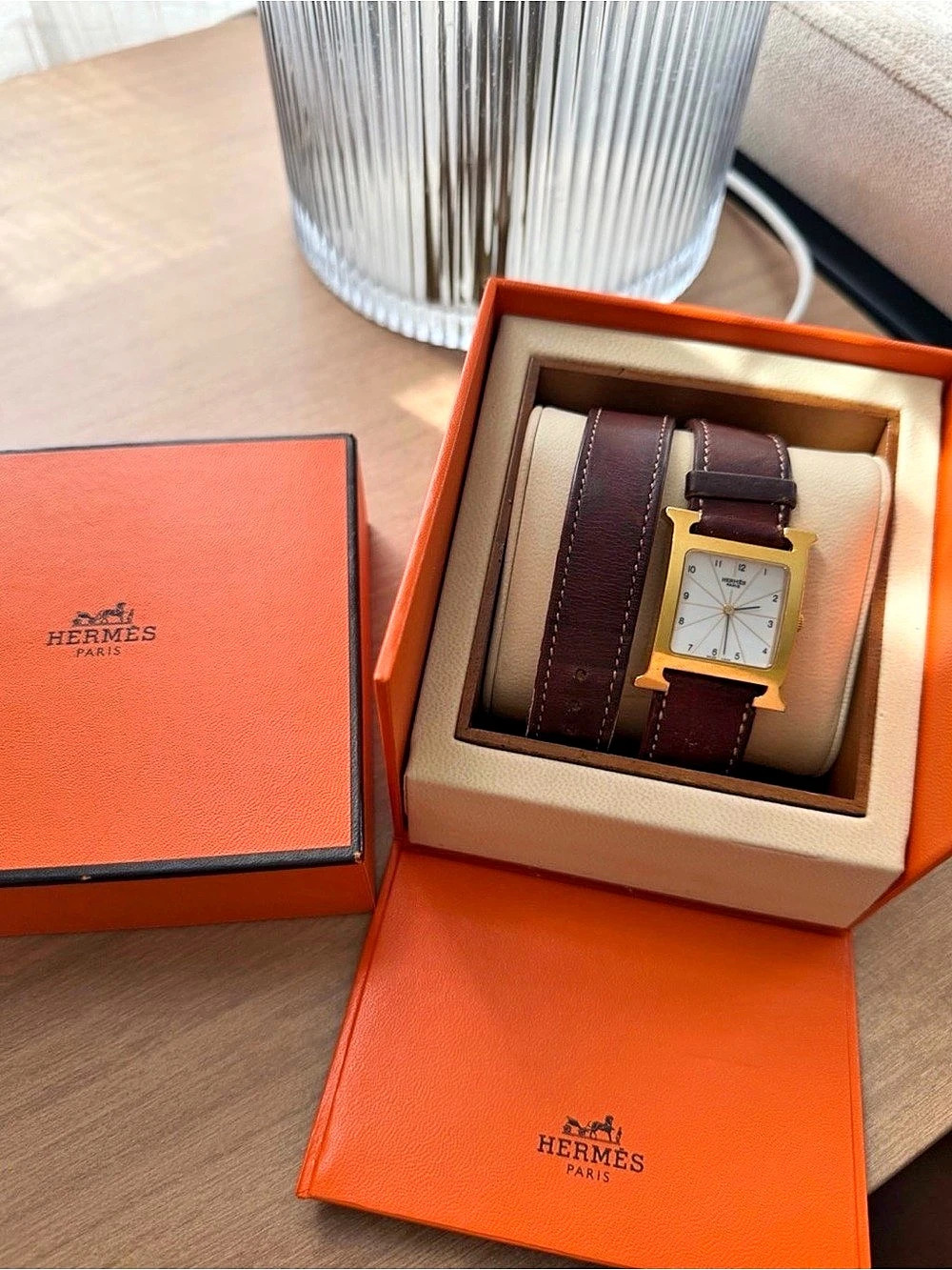 Hermès Heure H Double Tour Watch Leather Brown & Gold
